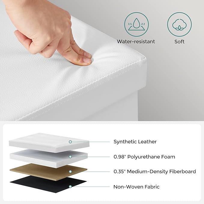 SONGMICS MAZIE Collection - 43 Inches Storage Ottoman Bench with Flipping Lid, Storage Chest with Iron Frame Support, Load 660 lb, for Living Room, Bedroom, Synthetic Leather, White ULSF75WT