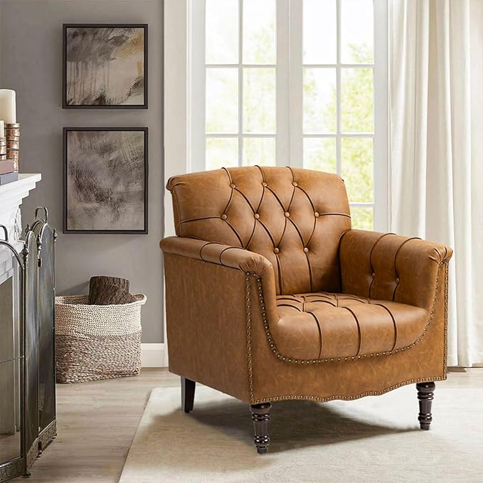 Pia Ricco Faux Leather Armchair Set of 2, Modern Accent Chairs with Nailhead Trim and Solid Wood Legs, Upholstered Comfort for Living Room, Office, Bedroom - Camel