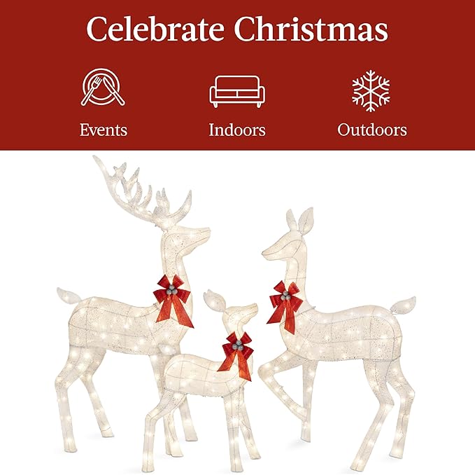 Best Choice Products 3-Piece Large Lighted Christmas Deer Family Set 5Ft Outdoor Yard Decoration with 360 LED Lights, Stakes, Zip Ties - White