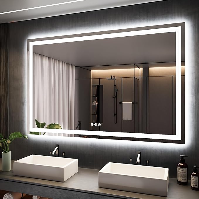 ISKM 60'' x 40'' LED Mirror for Bathroom Lighted Vanity Mirror for Wall Front Lights + Backlit LED Bathroom Mirror Anti-Fog Tempered Glass ETL Listed