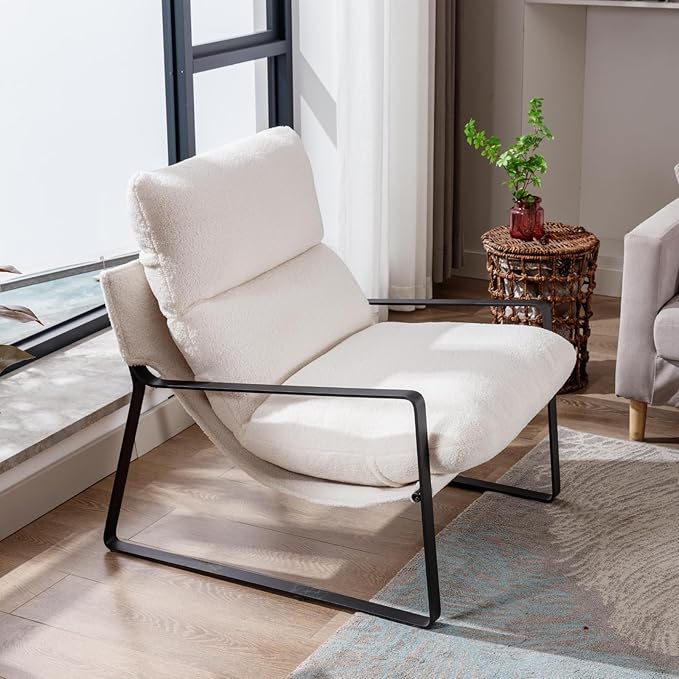 LukeAlon Modern Sherpa Accent Armchair, Upholstered Living Room Chair with Metal Base Thickened Cushion Single Sofa Chair Comfy Lounge Chair for Bedroom Living Room, White