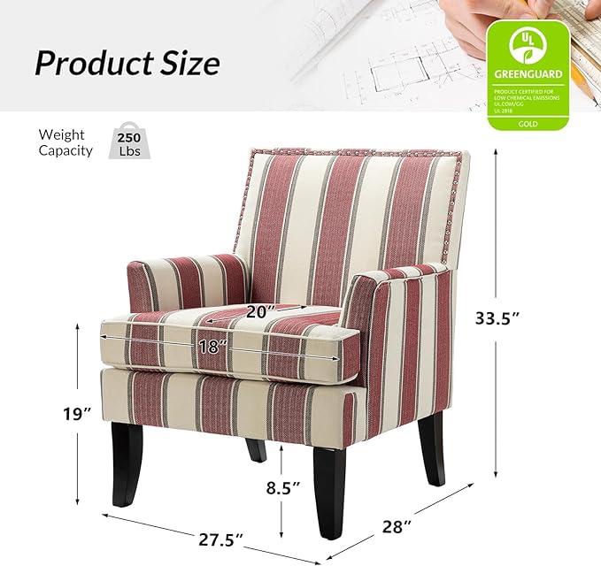 HULALA HOME Modern Accent Chairs Set of 2, Farmhouse High Back Striped Chairs with Wooden Legs & Nail Head Trim, Comfy Upholstered Armchairs for Living Room/Bedroom (Stripe Red)