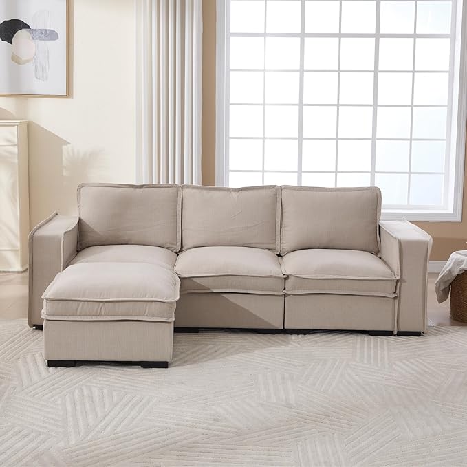 Modern Sectional Sofa for Living Room, Upholstered 3-Seater Modular Couches Linen Fabric L-Shaped Sofa with Ottoman for Home Furniture, Oatmeal