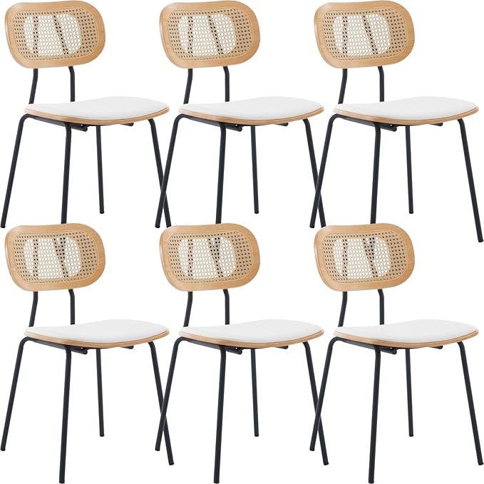 Mid-Century Modern Rattan Cane Back Dining Chairs Set of 6 β PU Leather Upholstered Seat, Black Metal Legs, Kitchen Side Chairs for Kitchen & Dining Room, White