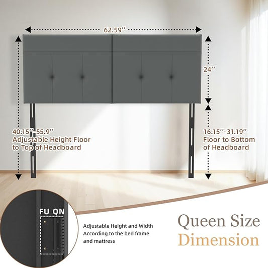 Headboard Queen Size Upholstered Faux Leather, Queen Headboard with Sturdy Metal Legs, Tufted Upholstery Design Headboards with Adjustable Width & Height (Grey)