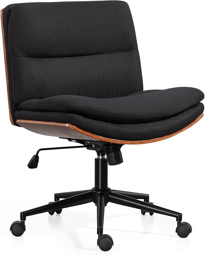 Armless Modern Walnut Office Desk Chair with Wheels, Adjustable Wide Swivel Task Chair, Ergonomic Cross Legged Fabric Chair for Conference Room, Home Office (Black)