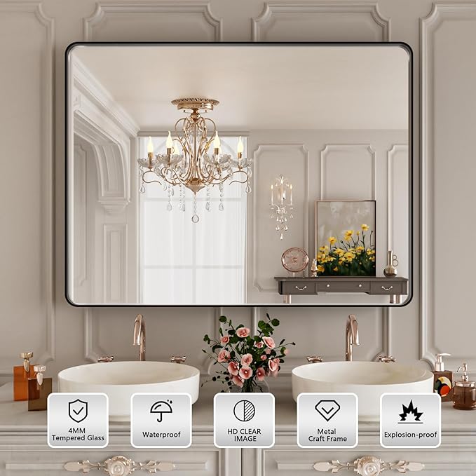 40x30 Inch Black Metal Framed Bathrrom Mirror for Wall,Matte Black Rectabgle Vanity Mirror,Tempered Glass,Anti-Rust,Rounded Corner,Horizontal or Vertical