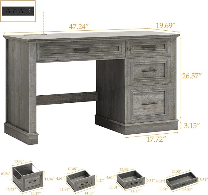 Farmhouse 47" Executive Desk, Computer Desk with Drawers and File Drawer, Workstation Computer Desk with Charging Station for Home Office,Study,(Grey)