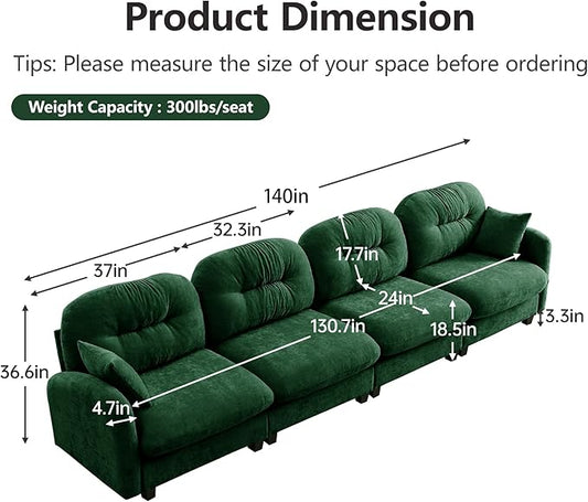 140" 4 Seater Couch for Living Room, Comfy Chenille Fabric Cloud Sectional Couch, Modern Upholstered Deep Seat Sofa with Armrest Pillow, Oversized Sectional Sofa, Green