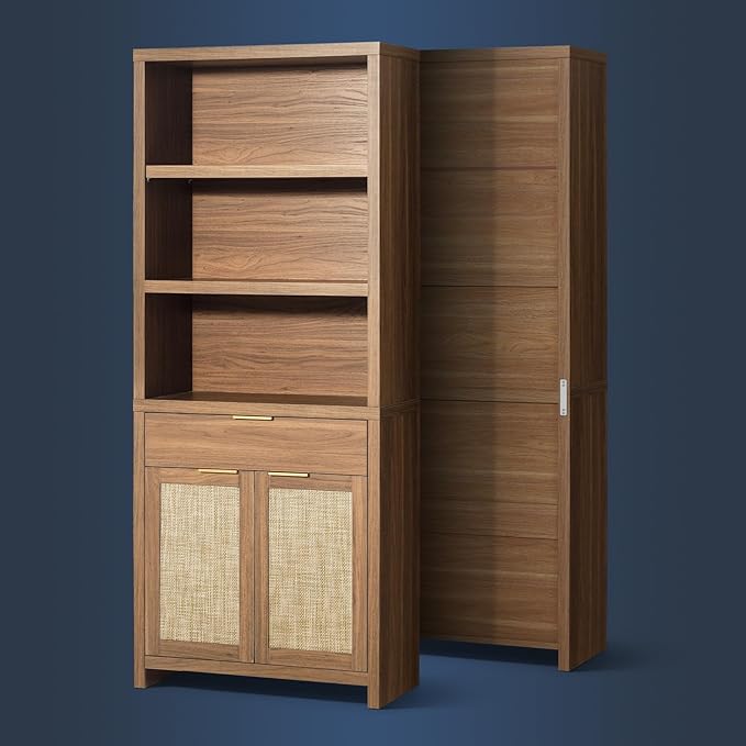 Hampstead Bookcase, Rattan Bookcase with Doors Cabinet and Drawer, 5-Tier Bookshelf, Large Wooden Book Case, Tall Bookshelves for Library Living Room (Weathered Oak, 2 Pieces)