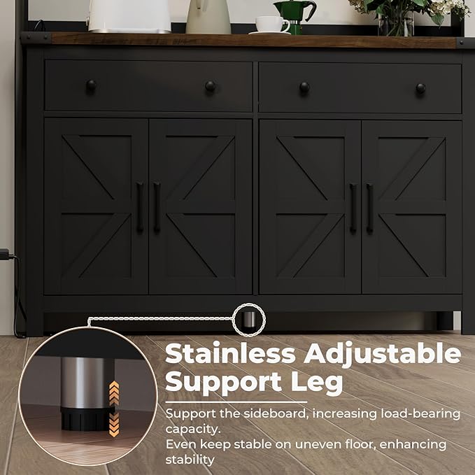 Hutch Storage Cabinet Buffet with Drawers, and Charging Station, Coffee Bar Cabinet with Barn Doors, Wine Rack and Hooks, Countertop, Long Farmhouse, Black, for Kitchen, Dining Room, 54.1" High