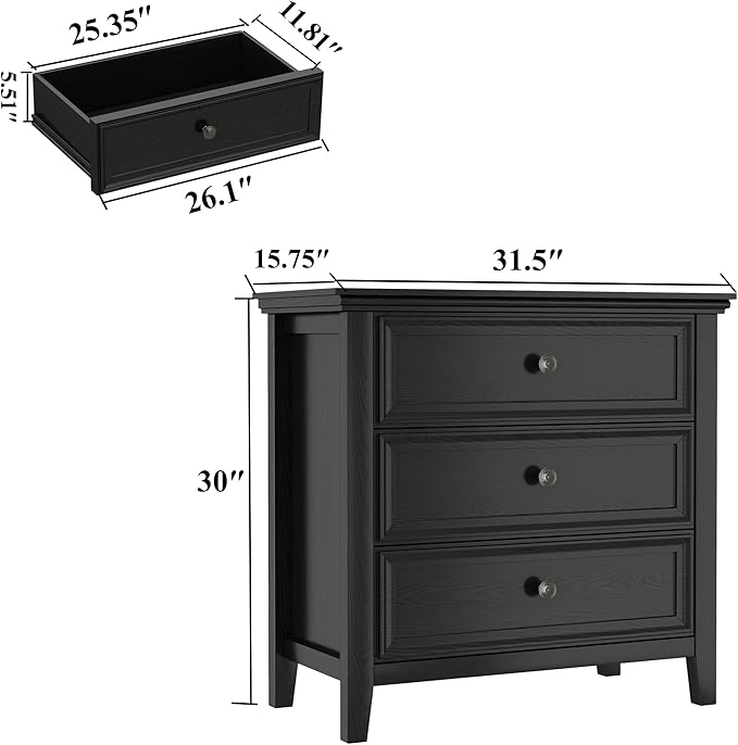 Farmhouse Black 3-Drawer Dresser for Bedroom - 31.5" Wide 3 Chest of Drawers Storage Organizer Cabinet as Nightstand or Bedside Dresser