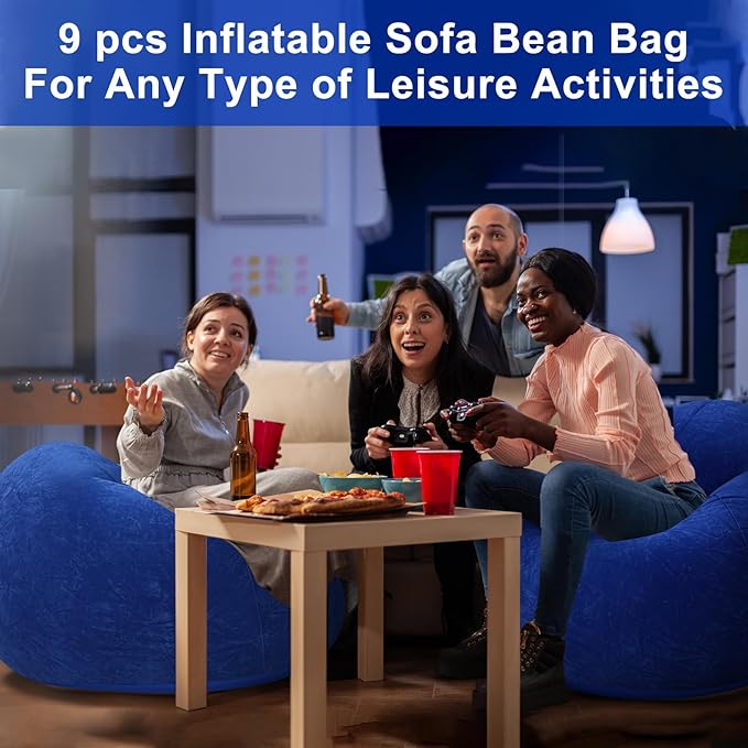 Realspring 9 Pcs Bean Bag Chairs for Adults Inflatable Chairs with Electric Air Pump,Blow up Couch Folding Portable Inflatable Couch Lazy Sofa for Reading Living Room Camping (Dark Blue)
