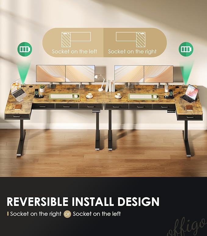 OffiGo 63 Inch L Shaped Electric Standing Desk with Drawers, Height Adjustable Large Desk with Power Outlets, Sit Stand Table, Writing Computer Desk for Home, Office, Workstation, Rustic Brown