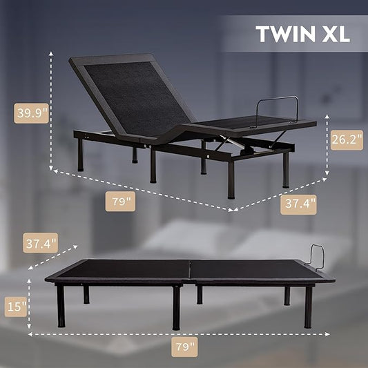 Twin XL Adjustable Bed Base Frame with Wireless Remote + 12 Inch Twin XL Gel Memory Foam Mattress Bed in a Box, Head and Foot Incline, Zero Gravity, Fiberglass Free, 80" × 38"