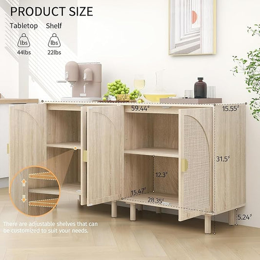 Beige Sideboard Cabinet with 2 Rattan Doors, Rattan Buffet Cabinet with Adjustable Shelves & Pine Legs, Boho Sideboard Buffet for Living Room, Kitchen, Entryway (Beige,2 PCS)