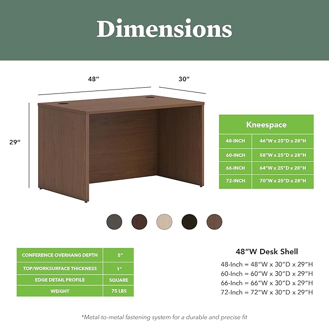 HON MOD Executive Desk 48-Inch Large Computer Desk Shell, Thick Wooden Laminate, Modern Table with Cord Management, 48'W x 30'D x 29'H, Walnut
