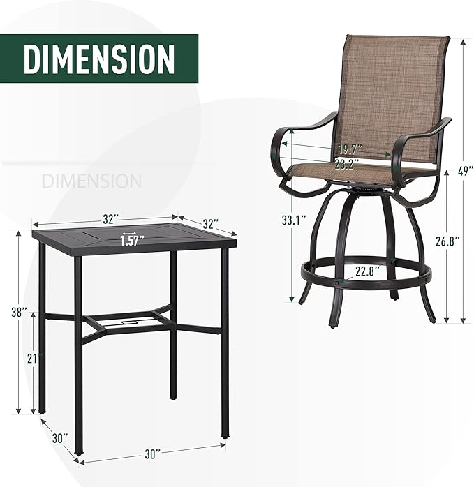 PHI Villa 5PCS Patio Bar Set, Metal Bar Height Table and 4 Outdoor Swivel Bar Chairs with Textilene Fabric and Thickened Black Metal Frame,High Patio Furniture for Garden,Yard