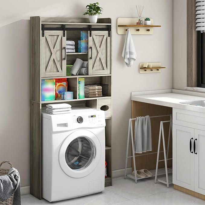 Vabches Over The Toilet Storage Cabinet, Farmhouse Storage Cabinet Over Toilet with Sliding Door& Toilet Paper Holder Stand,Home Space-Saving Toilet Rack, for Bathroom, Restroom, Laundry