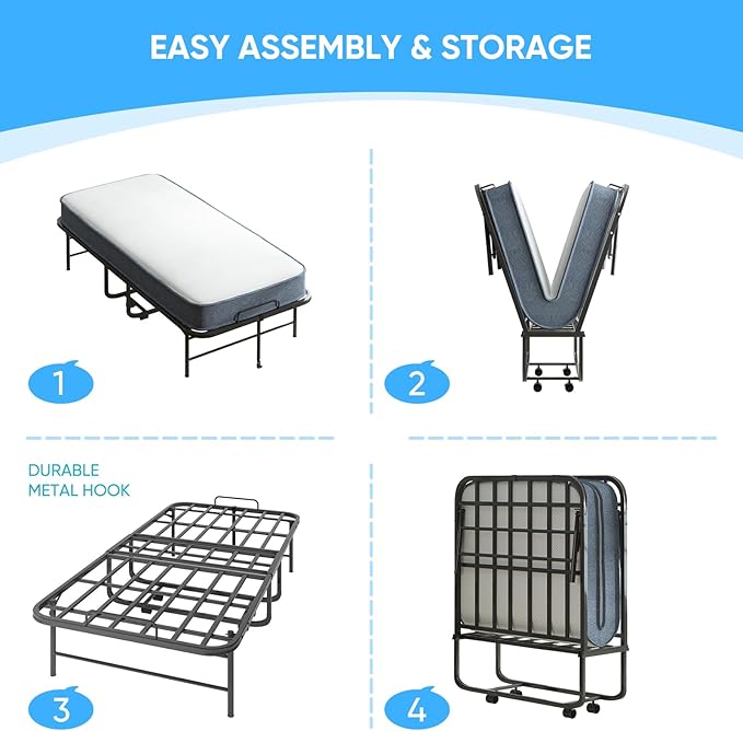 Mjkone Folding Bed with Mattress, 5 Inch Rollaway Bed for Adults, Fold Up Beds with Lockable Wheels, Sturdy Metal Fold Away Frame for Bedroom/Guest, Space Saving(75" x 38")