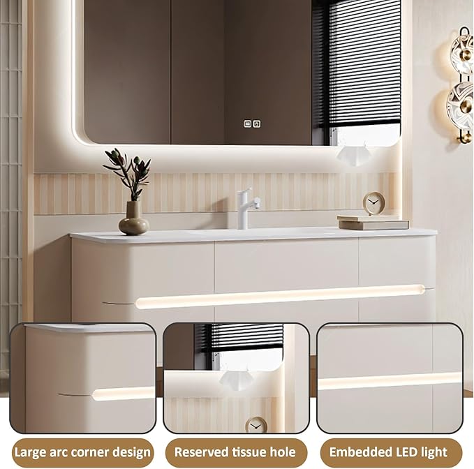 40IN Bathroom Vanity - Bathroom Vanity with Sink with Intelligent Induction Light | Wall-Mounted Bathroom Vanity with Intelligent LED Mirror Cabinet & 6 Drawers, Cream Color