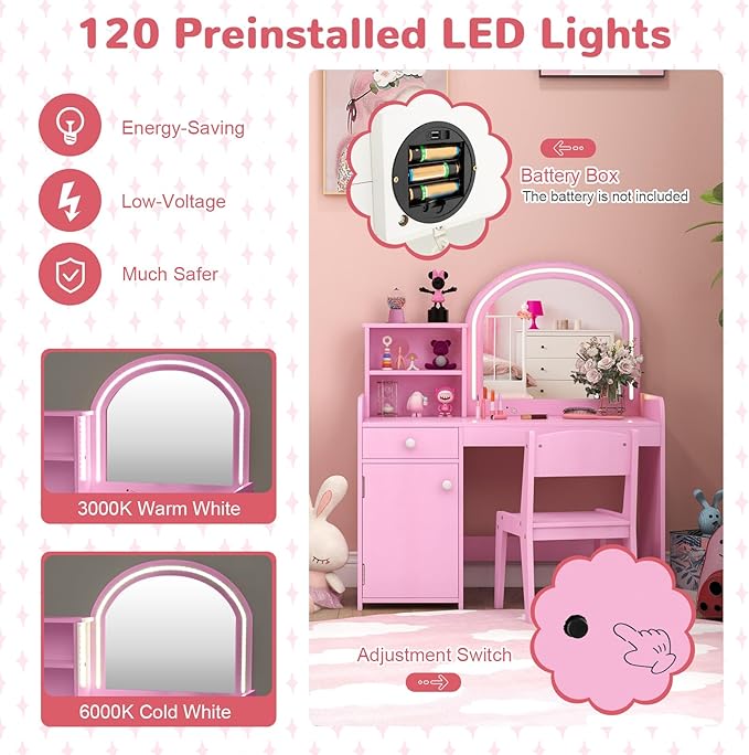GLACER Kids Vanity, Wooden Toddler Vanity with Lighted Mirror, Drawer & Cabinet, Storage Shelves, Princess Kids Vanity Table and Chair Set, Girls Vanity for Little Girls Ages 3+ (Pink)