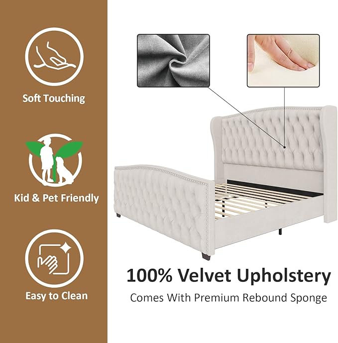 AMERLIFE King Size Platform Bed Frame, Velvet Upholstered Bed with Deep Button Tufted & Nailhead Trim Wingback Headboard/No Box Spring Required/Cream
