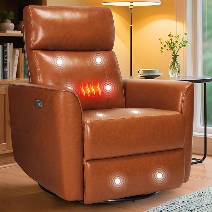Homdox Power Recliner Chair Swivel Glider with Massage and Heat, Living Room Nursery Reclining Chair with USB, Faux Leather, for Small Spaces, Orange-Brown