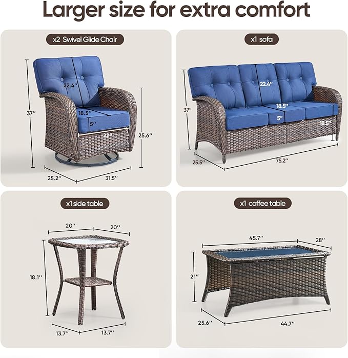 5-Piece Rotating Balcony Chair Set with 31-inch T-Shaped Wide backrest - Rattan Outdoor Rotating Balcony Chairs, Wide backrest Comfortable Outdoor Sliding Chair - Brown | Blue