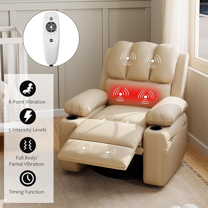27" Oversized Power Recliner Chair, Faux Leather Rocking Chair with Heat & Massage, 360° Swivel Modern Electric Recliner with Cup Holder & USB Charging for Living Room, Bedroom, Nursery - Beige