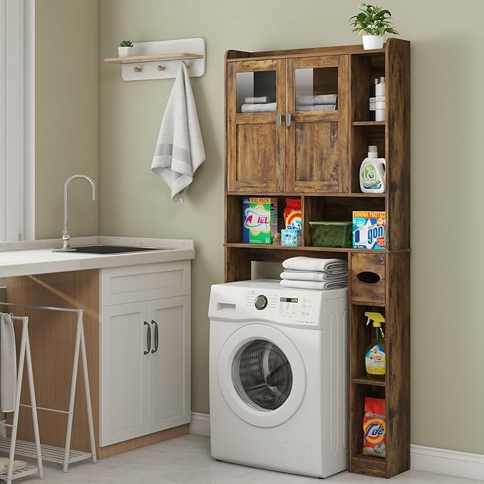 Vabches Over The Toilet Storage Cabinet, Bathroom Shelf Over Toilet with Glass Doors and Adjustable Shelves, Brown Freestanding Home Space Save Toilet Rack, for Restroom, Bathroom, Laundry