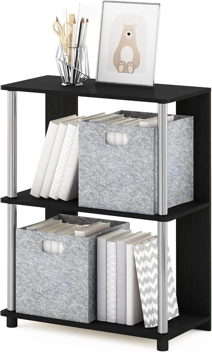 Furinno Jaya Simple Design 3-Tier Bookcase/Bookshelf/Display Rack with Stainless Steel Tubes, Americano