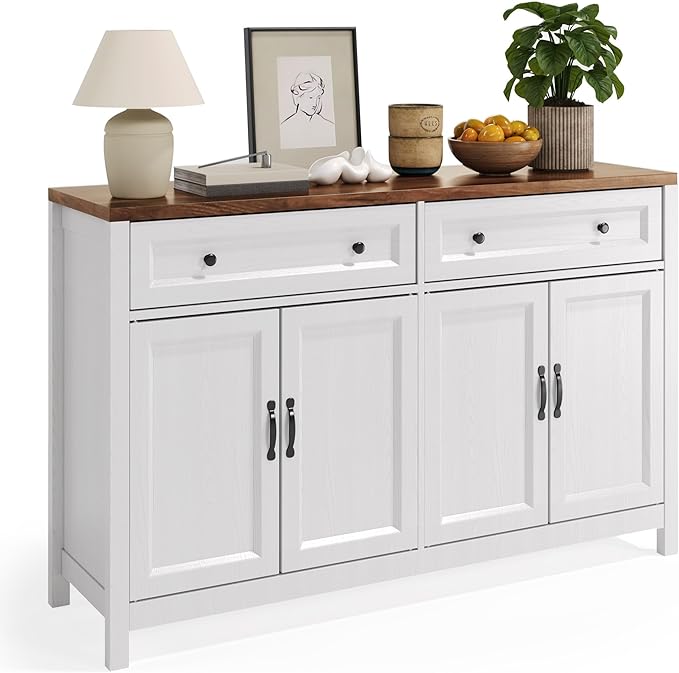 Gizoon Farmhouse Kitchen Sideboard Buffet Cabinet with Storage, Wood Coffee Bar and Storage Sideboard with Drawers and Doors for Kitchen, Dining Room, 15.7" D x 55.1" W x 35.3" H, White/Rustic Brown