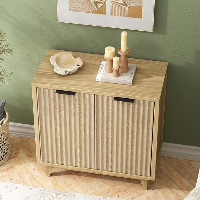 Fluted Cabinet with Storage, 2 Doors Sideboard Buffet, Mid Century Modern Accent Cabinet with Adjustable Shelves, Multifunctional Console Table with Storage for Living Room, Kitchen, Entryway