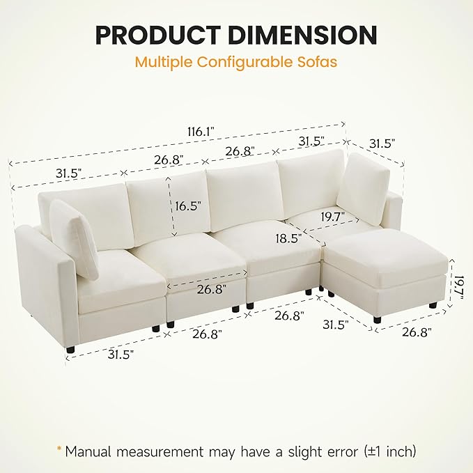 4-Seater Modular Sectional Cloud Sofa with Ottoman, Convertible L-Shaped Couch for Living Room, Modern Deep Seat Modular Sofa, Chenille Beige