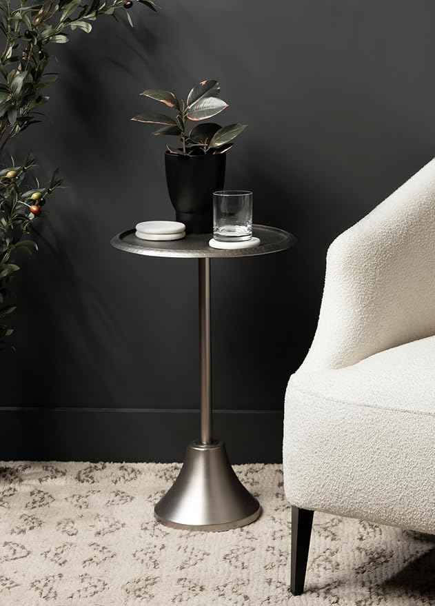 Kate and Laurel Sanzo Modern Pedestal Side Table; 15 x 15 x 24; Antique Silver; Decorative End Table with Hammered Tabletop for Use as a Bedroom Nightstand or Living Room Accent Table