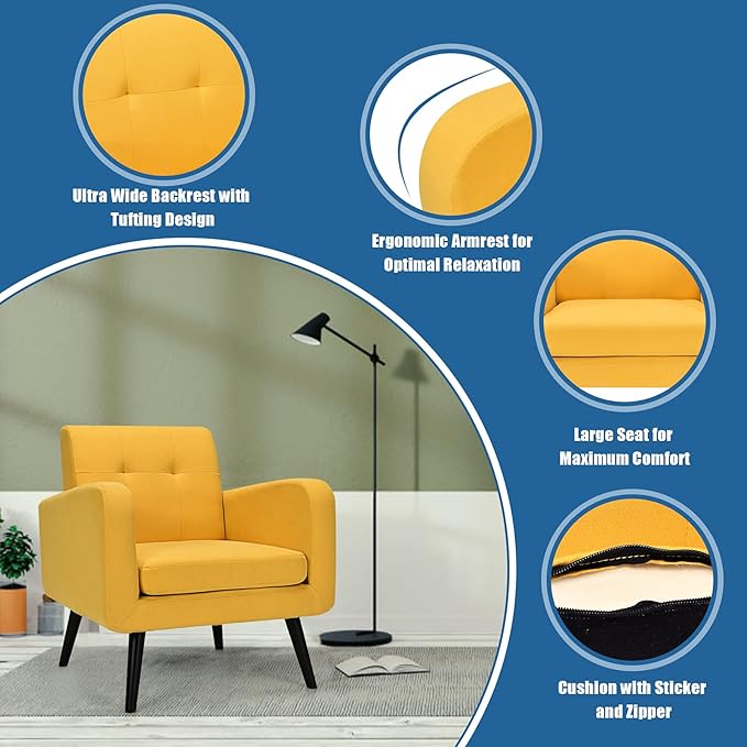 Giantex Upholstered Accent Chair Set of 2, Modern Mid Century Linen Fabric Living Room Chair with Arms, Max Load 265 Lbs, Comfy Tufted Single Sofa for Reading, Bedroom, Office, Club, Yellow