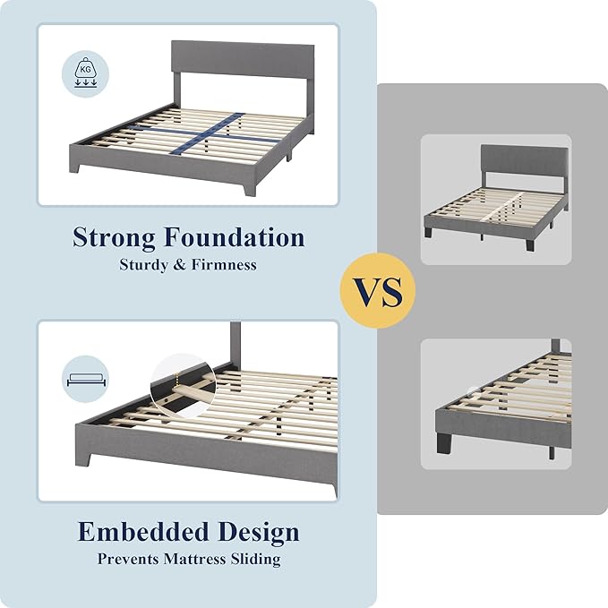 Allewie Queen Bed Frame with Upholstered Adjustable Headboard, Platform Bed with Wood Slats, Heavy Duty Mattress Foundation, No Box Spring Needed, Easy Assembly, Light Grey