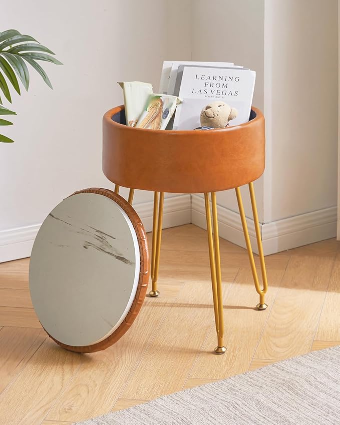IBUYKE Faux Leather Round Footrest Stool with Storage Ottoman, Makeup Vanity Chair Side Table, PU Dressing Table Seat, Removable Cover, Golden Steel Legs, Light Brown WBD024J