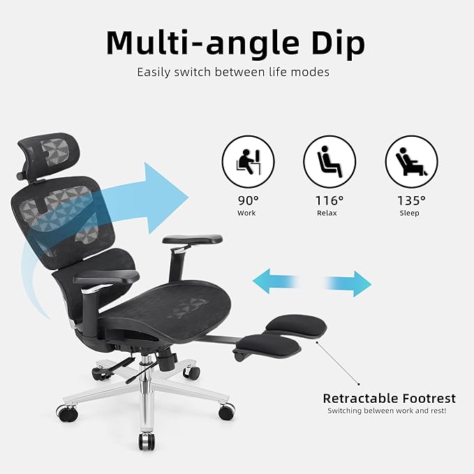 Ergonomic Home Office Desk Chair with Massage Lumbar Support,4D Headrest & 5D Armrests, Reclining Big and Tall 400LBS Mesh Chair with Footrest,Adjustable Back High and Seat Depth(Black)