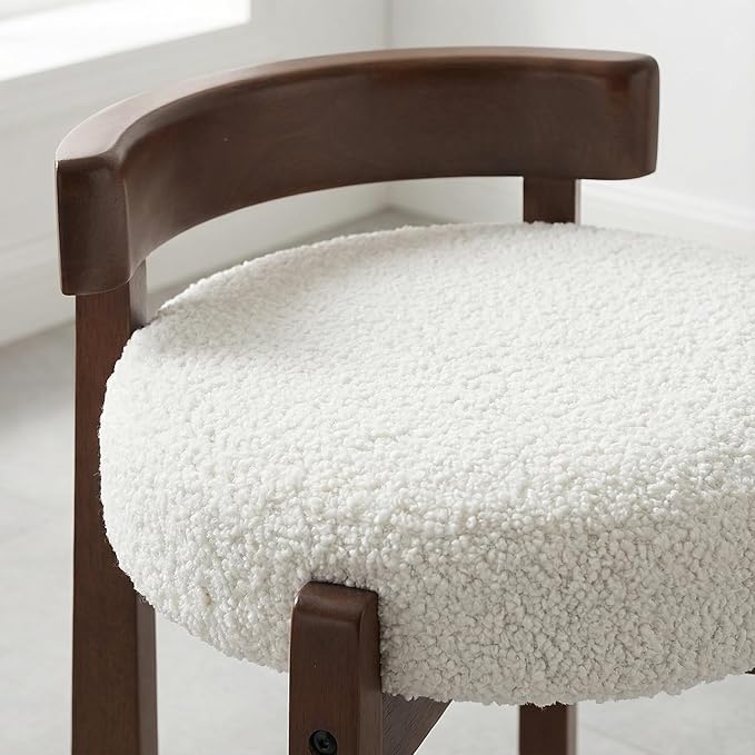 HNY Modern Boucle Ottoman Set of 2 Upholstered Vanity Chair with Solid Wood Legs, Cute Round Footrest for Bedroom & Living Room, White