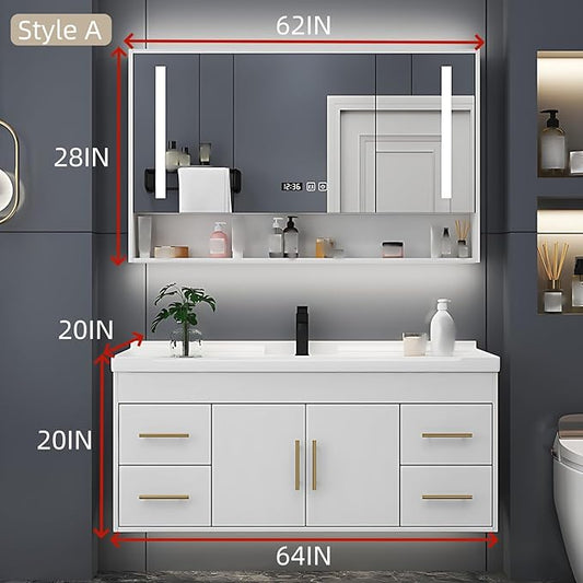 64IN Modern Bathroom Vanity - LED Intelligent Mirror Cabinet Includes Time Display & Defogging | Bathroom Cabinet with Sink & Open Storage Compartments, Ceramic Washbasin, 4 Drawers (Style A)
