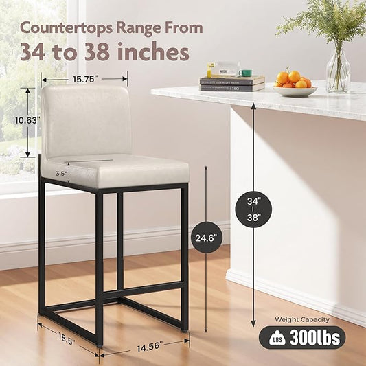 ALPHA HOME 24 Inch Bar Stools Set of 6, Kitchen Counter Stools with Backs, PU Leather Barstools, Kitchen Stools with Back&Upholstered Footrest, Sturdy Chromed Metal Steel Frame, Light Gray