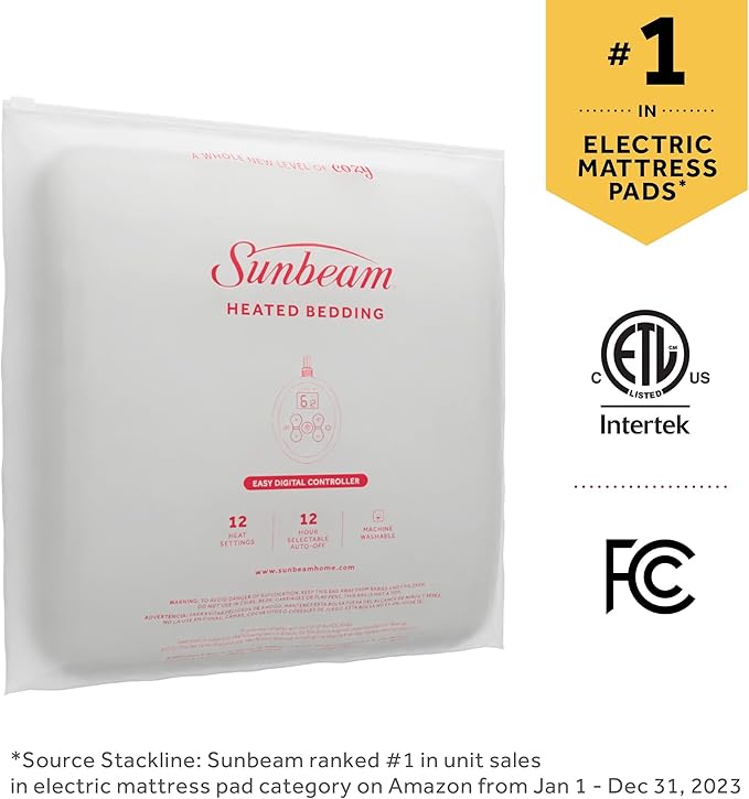 Sunbeam Electric Heated Mattress Pad Soft Cozy Fabric Fast Heating 12 Heat Settings 12-Hour Auto Shut-Off Deep Pocket Skirt Machine Washable Queen 80" x 60"