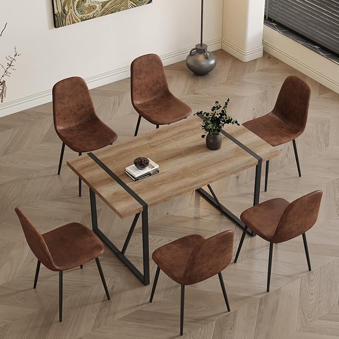 6 Chair Dining Table Set,Dinner Table Set for 6, 55'' Kitchen Table and Suede Nap Fabic Chairs Set of 6, 7 Piece Dining Table Set for Kitchen Dining Room