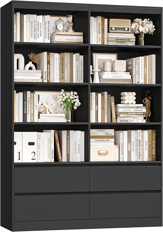 FINETONES 71" Black Bookshelf with Drawers, 47.3" Double Wide Bookshelves and Bookcases with Storage, Tall Bookshelf Large Open Book Shelf Standing Book Case for Home Office, Black