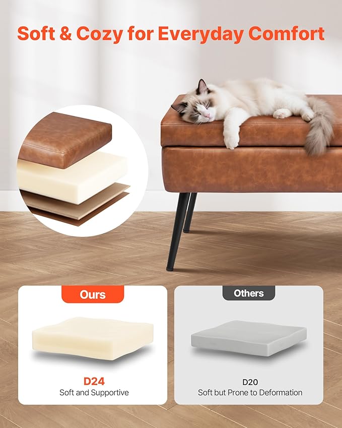 VEVOR Leather Storage Ottoman Bench, PU Leather Bench with Storage and Metal Legs, Modern Shoe Benches Seat for Entryway, Upholstered End of Bed Benches for Living Room, Dining Room, Hallway, Brown