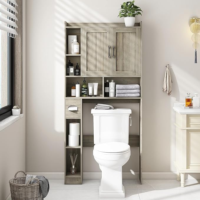 Farmhouse Storage Cabinet Over Toilet with 2 Barn Doors & Toilet Paper Holder Stand, Space-Saving Bathroom Rack