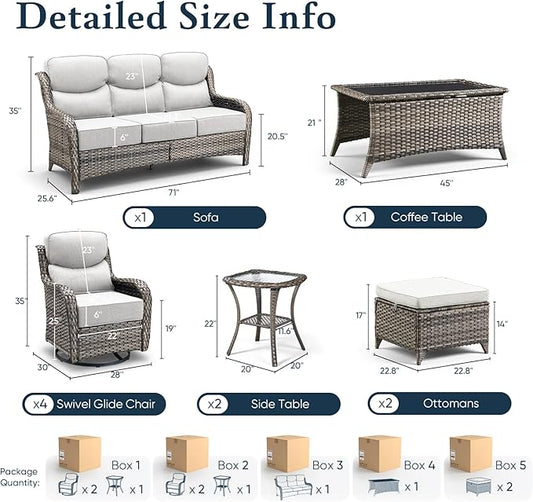 Belord Luxury 6" Thick Cushioned 10 Pieces Patio Furniture Set with Outdoor Couch, Wicker Outdoor Conversation Set with High Back Swivel Rocker Chairs for Deck Porch Yard and Poolside - Grey+Beige