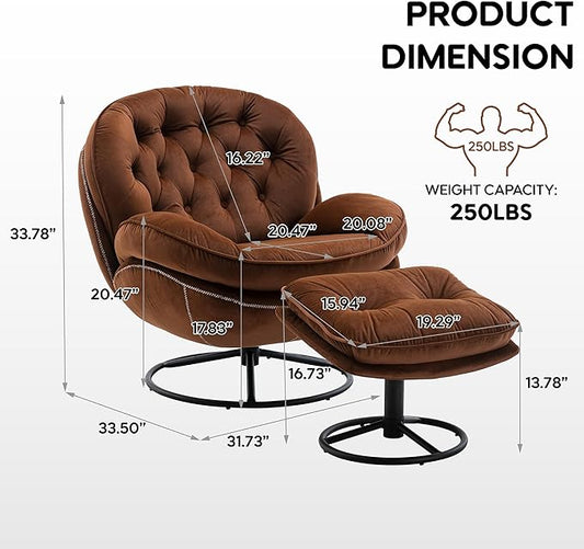 Set of 2 360° Swivel Modern Velvet Accent Chair with Ottoman | Mid-Century Button Tufted Lounge Chair for Living Room & Bedroom, Brown